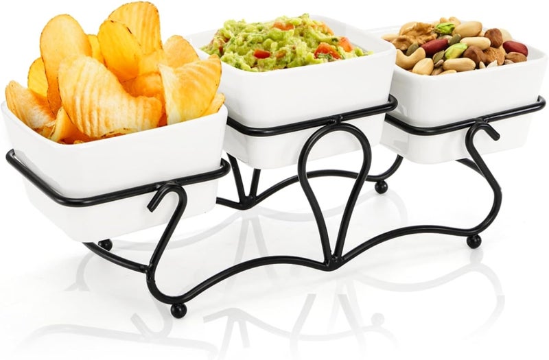 Eorbow 10 OZ Square Bowl Chip & Dip Serving Set, 3 Pieces Ceramic Condiment Server with Metal Stand, Serving Dish Tray for Party Entertaining, Small Snack Platters for Side Dish Appetizer Nuts - Image 1